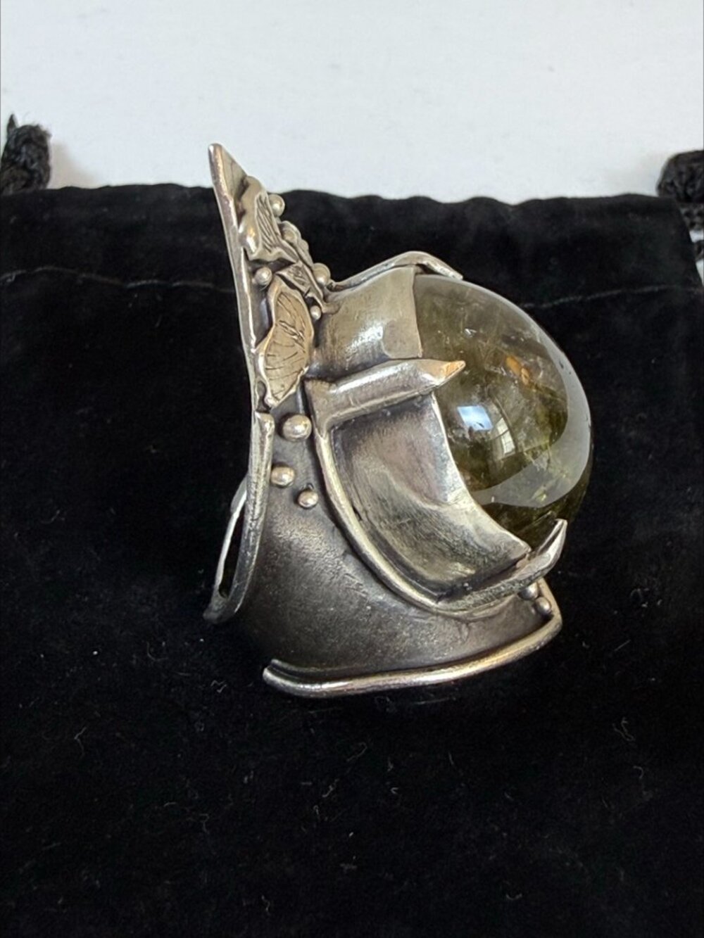 Acid Queen OOAK Botanical Shield Ring Green Tourmalated Quartz Silver Size 8.5 - Picture 6 of 16